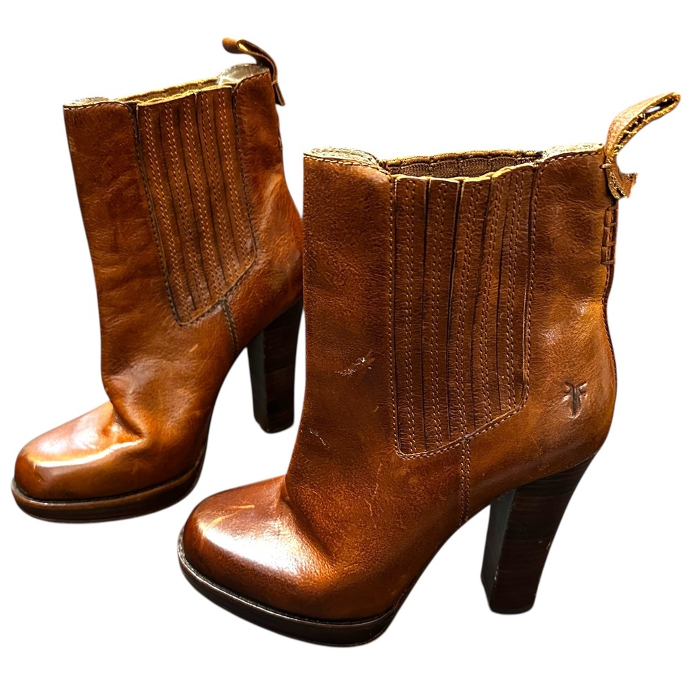 FRYE  Size‎ 8 Donna Chelsea Boots Brown Leather Ankle Boots Stacked Heel